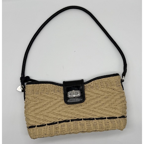 Brighton Handbags - Brighton Straw Leather Woven Shoulder Bag Tan Vintage Faux Croc Heart Charm